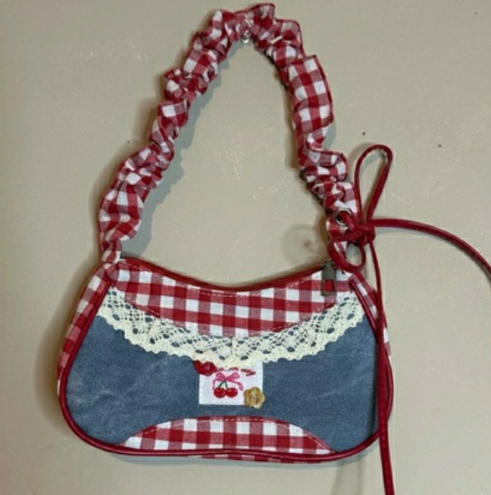 Cherry Bag On Plaid & Denim